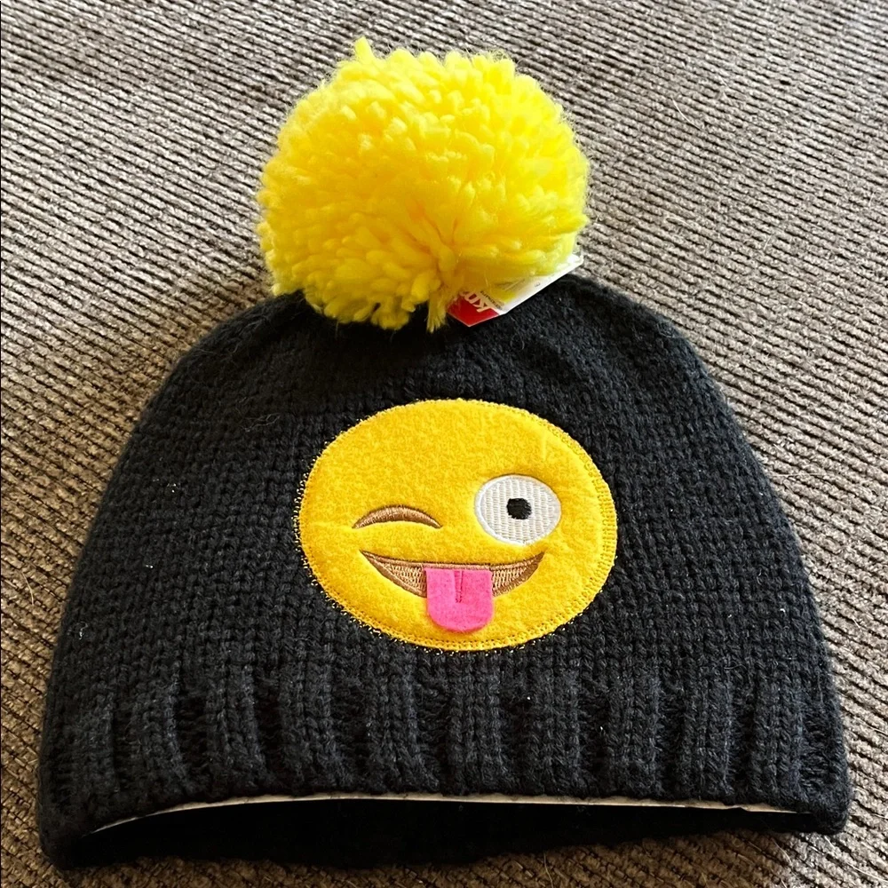 Smiley Emoji Black Yellow Pom-Pom Hat